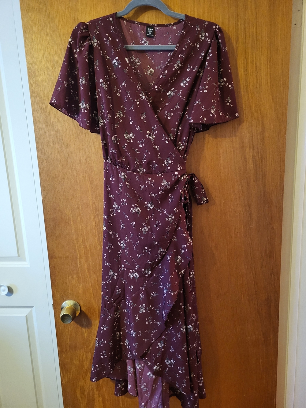 SHEIN Burgundy Floral Wrap Midi Dress